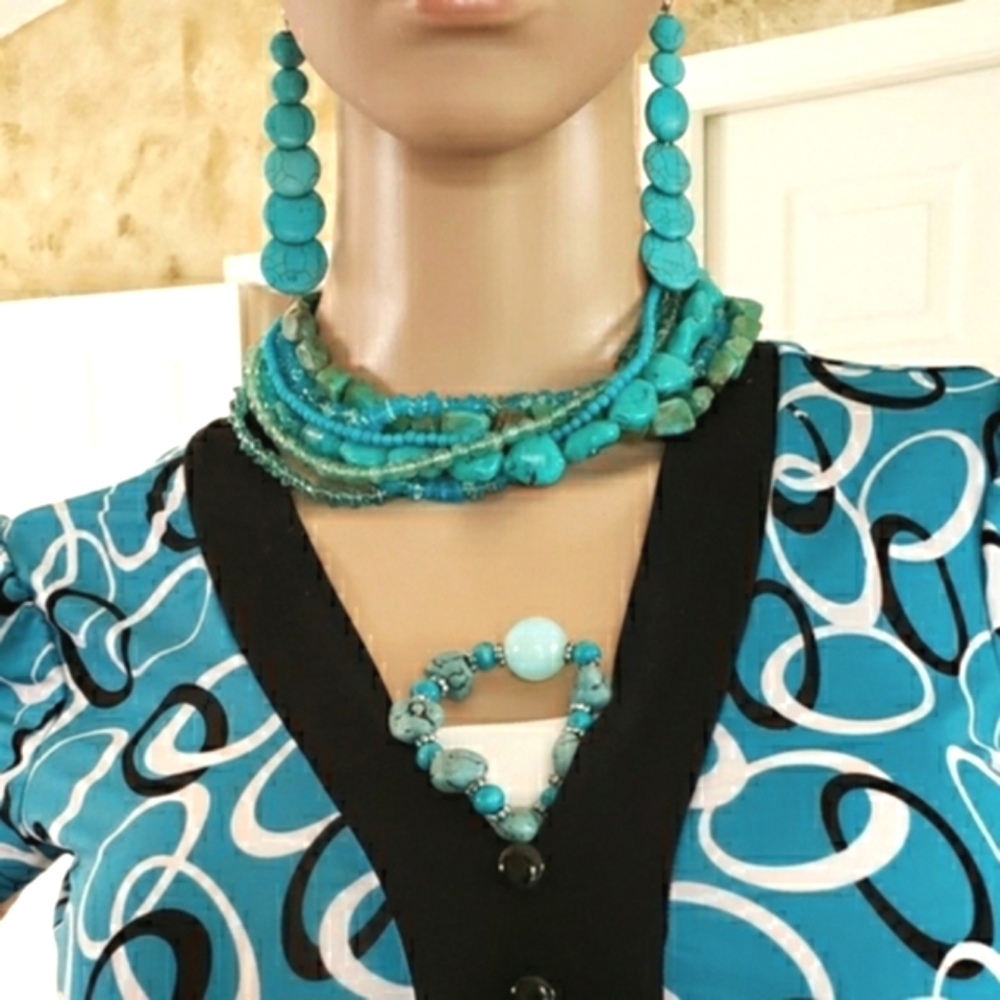 Howlite & Turquiose statement Necklace Earrings & Bracelet Set 3 NWOT - Picture 2 of 7